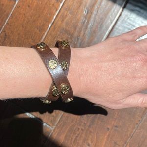 Tory Burch Brown Leather Gold Stud Wrap Bracelet